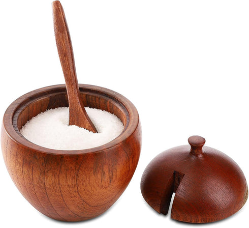 DEAYOU 3 Pack Wood Salt Box Spice Jar, Natural Wooden Salt Cellar with Lid and Spoon for Kitchen, Japanese Style