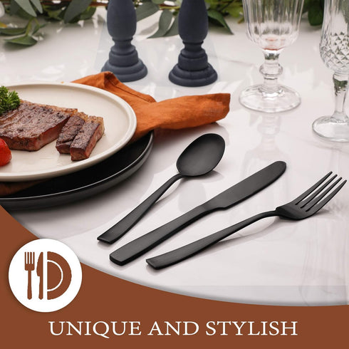 Hiware 24 Pieces Matte Black Silverware Set with Steak Knives for 4, Stainless Steel Flatware Utensils Set