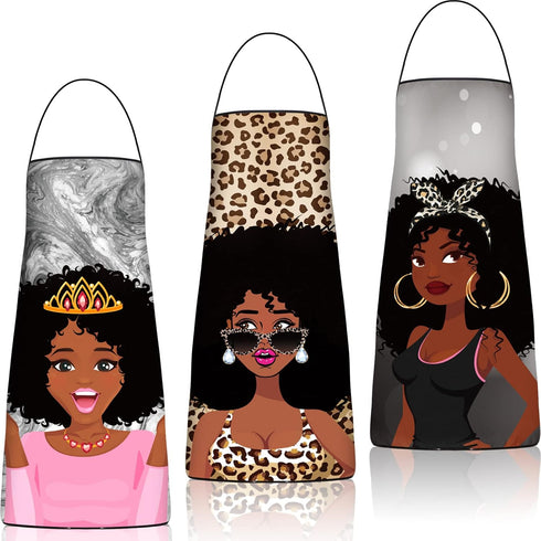 3 Pieces African American Women Aprons, Waterproof Adjustable Black Girl Art Bibs for Cooking, Baking