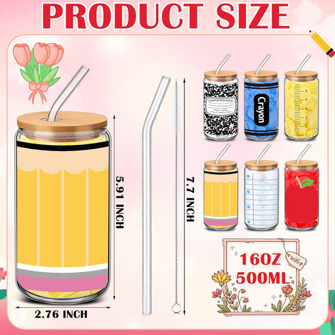 RimCereal 6 2026 16 oz Pcs Teacher Appreciation Gifts Bulk Teacher Glass Cups with Lid and Straw Composition Notebook