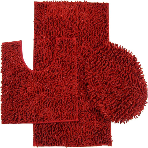 Daniel's Bath & Beyond 3 Piece Bath Set, Chenille/Shiny Red, 20" x 31" Bath Mat, 20" x 18" Contour and Lid