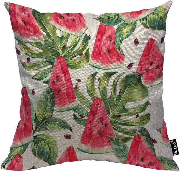 Mugod Slices of Watermelon Throw Pillow, Exotic Tropical Fruit Leaves Seed Red Green Cotton Linen Square Cushion Cover