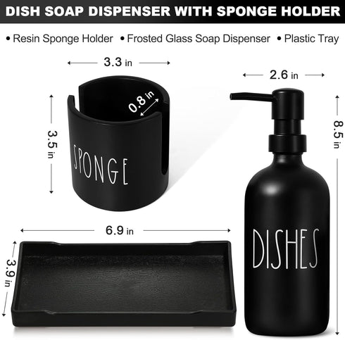 Set 3 1 Countertop Dish Soap Dispenser for Kitchen, Glass Dish Soap Dispenser with Sponge Holder, Black Dispenser
