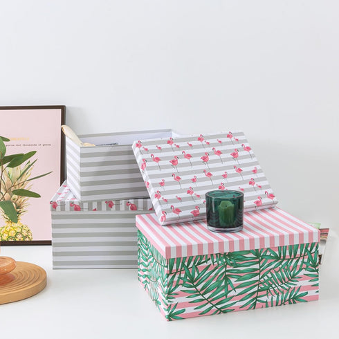 SLPR Decorative Cardboard Storage Boxes with Lids - Set of 3: Pink Flamingo Paperboard Nesting Gift Boxes, Palm Leaves