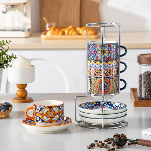 8 Oz Set 4,Bohemian Cafe-03 vancasso Stackable Espresso Cups with Saucers and Metal Stand of Ceramic Cappuccino Cups