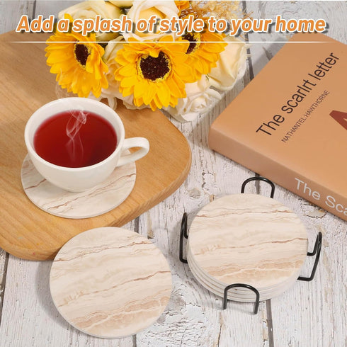 Acejoz Set 6, 4 Inches Drink Coasters of Absorbent Coaster for Coffee Table Decor, Marble Style Ceramic Coaster