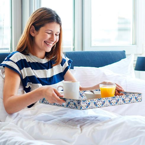 15.7" 11.8" 1.57" Evil Eye Rectangular Serving Tray with Handles Plastic Decorative Trays for Coffee Table for Ottoman