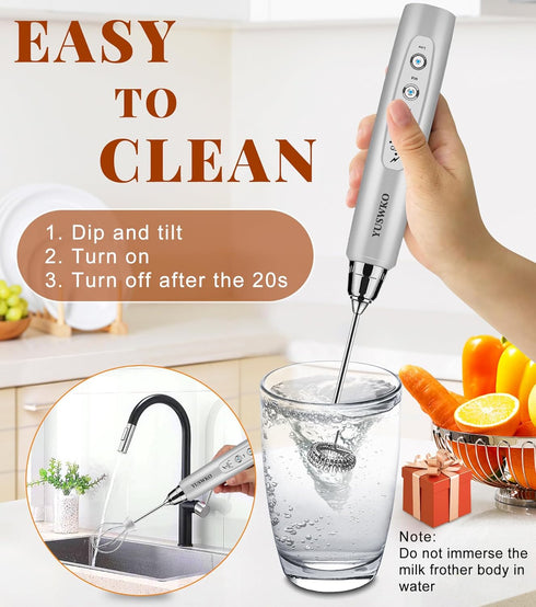 YUSWKO Milk Frother Handheld for Coffee, Rechargeable Drink Mixer with 3 Heads, Electric Whisk Gift for Occasions