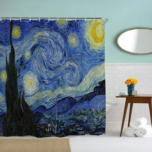 IcosaMro Starry Night Shower Curtain with Hooks, V. Gogh Stars Art Decorative Bath Decorations - 71Wx72L, Blue