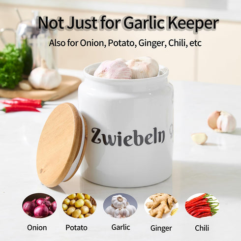 Meideal Counter, 5.2 inch Large Ceramic Garlic Keeper for Garlic Holder Storage with Wooden Lid, Garlic Saver to Keep