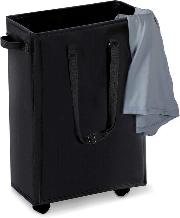 Slim Rolling Laundry Basket, 45L Small Hamper with Wheels and Adjustable Long Handles, Black