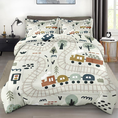 Comforter Set with 2 Pillowcases Queen Size, Cartoon Car Train Road Map,