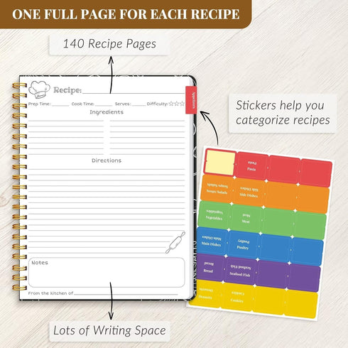 LuBudingJoy Blank Recipe Notebook: Full Page Spiral Hardcover to Organize 140 Recipes (Black)