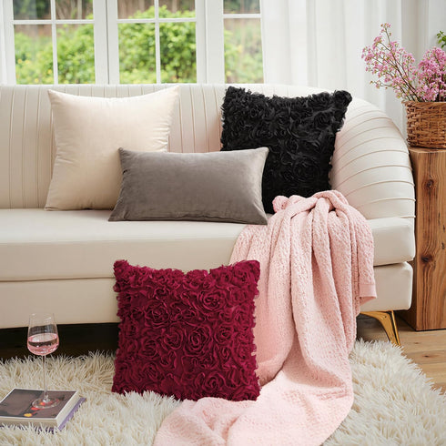 MIULEE 3D Decorative Romantic Valentines Chiffon Rose Flower Throw Pillow Cover, 12x20 Inch Black