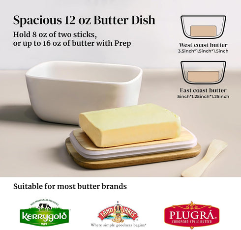 DOWAN 6.5" Large Butter Dish with Lid, Ceramic Butter Keeper Holds Up to 3 Sticks, White