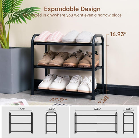 3-Tier Closet Gonfoam Expandable Shoe Rack,Adjustable Shoe Shelf Storage Organizer Heavy Duty Metal Free Standing Shoe