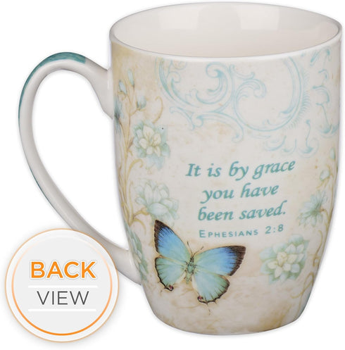Christian Art Gifts Botanic Blue Butterfly Ceramic Coffee Mug, 12 oz - Inspirational with Bible Verse: Grace - Eph. 2:8