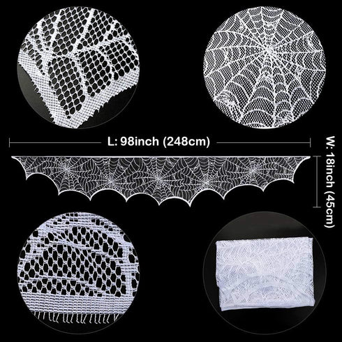 AerWo Halloween Decorations Indoor Fireplace Mantel Scarf, White Lace Spiderweb Cover for Halloween Mantle Decor, 18x96
