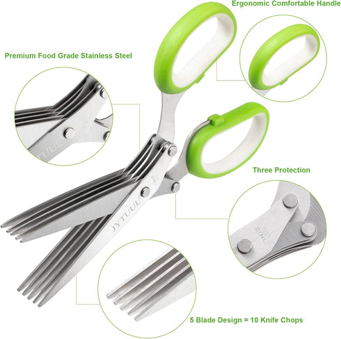 Multipurpose Sharp Kitchen Herb Cutter Shears - Herb Scissors with 5 Stainless Steel Blades, Safety Cover, Cleaning Comb