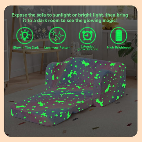2-in-1 MeMoreCool Glowing Rainbow Unicorn Kids Chair - Convertible Fold-Out Kids Couch for Girls, Glow-in-the-Dark