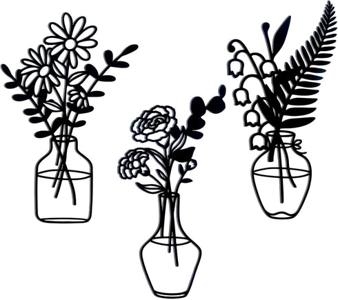 Zzbakress 3 Pcs Black Metal Flowers and Vases Wall Decoration - Minimalist Art Wall Sculpture for Living Room