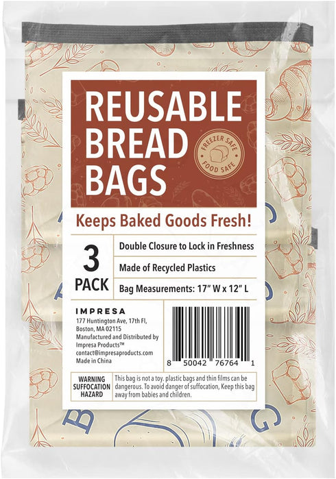 Pack 3, 17.5 12 1 Gusset IMPRESA Reusable Bread Bags - Dual Seal Sourdough Storage & Bread Machine - Dishwasher