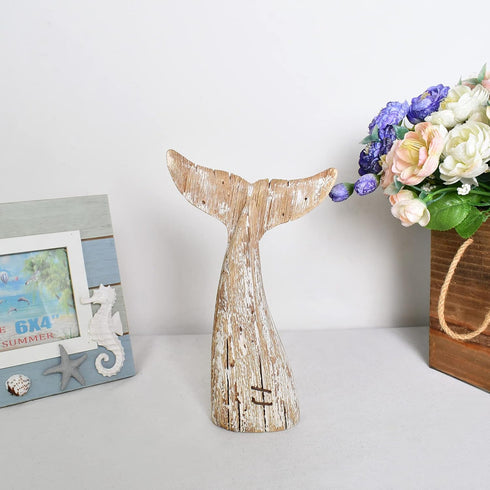 Nautical Home Decor - Wood Whale Tail Tabletop Statue, Decorative Rustic Sculpture for Ocean Beach Bathroom Shelf (8.5"