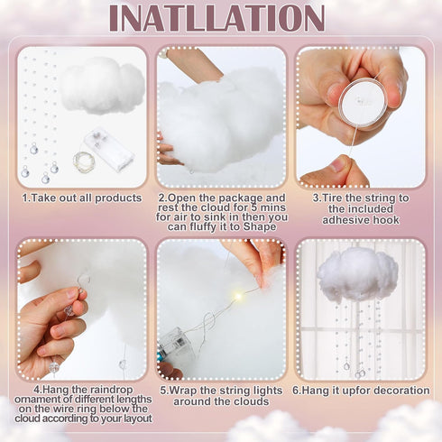 3D Decor(4 Marsui Artificial Cloud Props LED Hanging Cloud Light String Fake Imitation Cotton Classroom School Decor