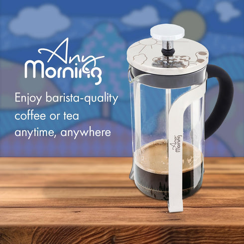 Any Morning 11 oz French Press Coffee and Tea Maker, Silver with Triple Stainless Steel Filters & Borosilicate Glass