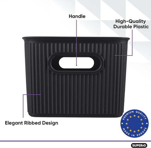 Superio Ribbed Collection - Medium Brown Decorative Plastic Lidded Storage Bins Organizer Baskets (2 Pack - 5 Liter)