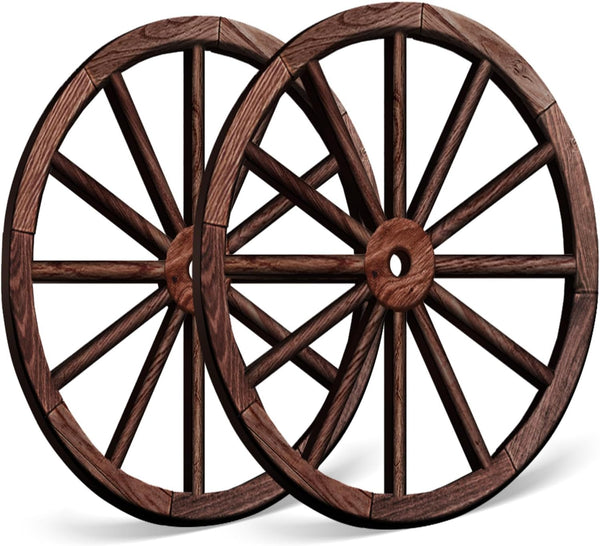 OYEFLY 2 Pcs Wagon Wheel Decor, Vintage Wood Garden Wagon Wheel, Brown, 12 Inch