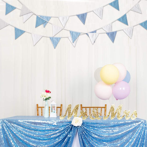 32Ft Cotton Bunting Banner, Blue White Plaid Dot Fabric Triangle Flags for Birthday Wedding Baby Shower Engagement Tea