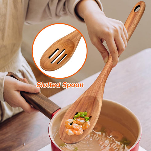 4-Piece 14" Large Wooden Utensils Set for Cooking, Non-Stick Slotted Spoon, Spatula, Mixing Spoons