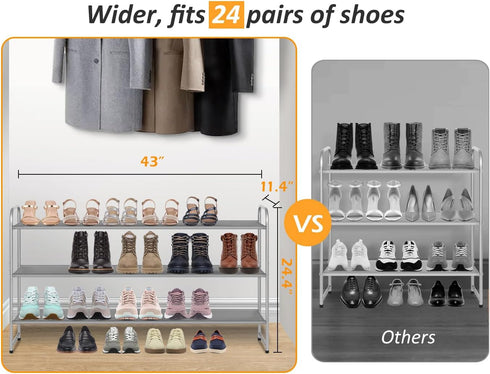 3 Closet 24 MISSLO Long Tier Shoe Rack for Shoe Organizer Storage Stackable Wide Shoe Shelf Holds Pairs of Men