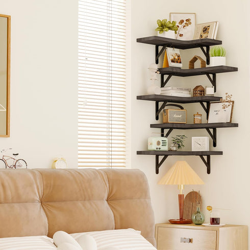 Fixwal Set of 5 Corner Floating Shelves, Rustic Wood Wall Mounted Shelf for Bathroom, Kitchen, Bedroom, Home Decor