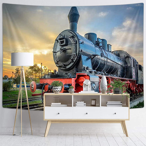 Sunset 40X30 Inches DYNH Steam Train Tapestry, Old Engine Train on Railroad Track Tapestries,Natural Scenery Sunrise