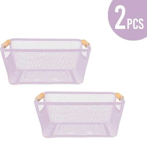 PTSGCAI 2Pack Metal Mesh Steel Basket with Bamboo Handle, 12" Wide Wire Basket for Kitchen Organization, Perfect for