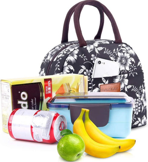 BALORAY Lunch Bag for Women Men, Insulated Lunch Box for Work, Picnic or Travel (White Flower)