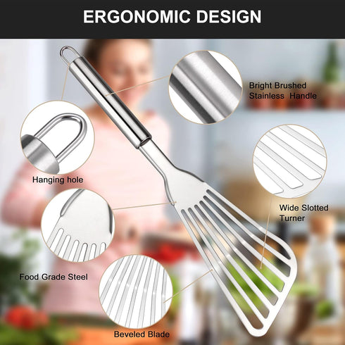 2-Piece Premium Fish Spatula Set, Big Size Stainless Steel Turner for Cooking, Flipping, Frying, and Grilling
