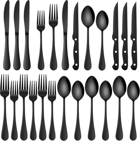 HaWare 24-Piece Black Silverware Set - Stainless Steel Cutlery Set for 4, Includes Knives, Forks, Spoons
