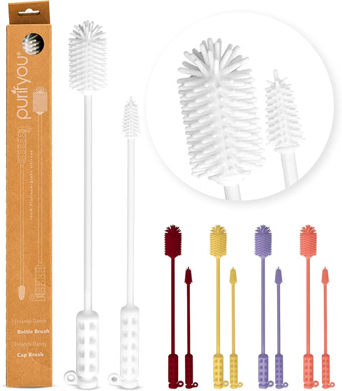 purifyou Platinum Silicone Water Bottle Cleaner Brush, Extra Long Handle 16 inch for Narrow Containers, White