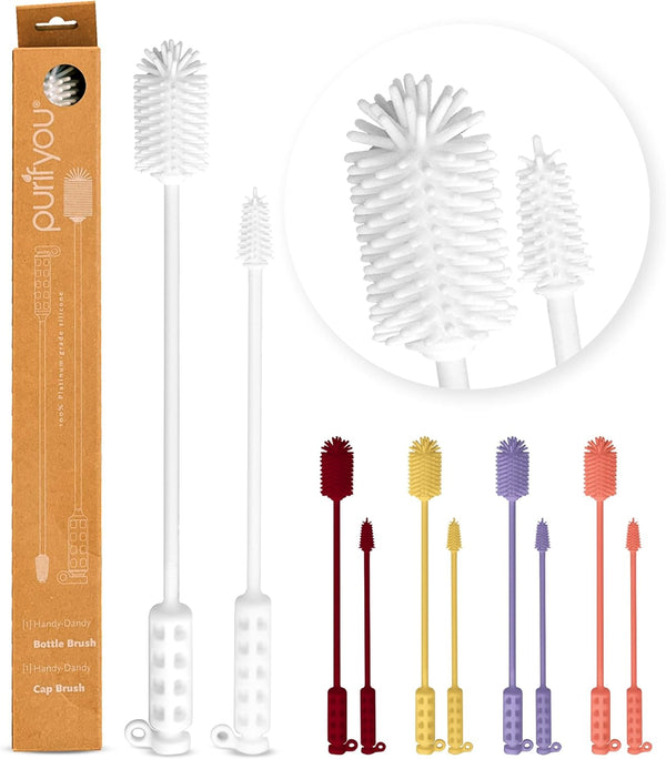 purifyou Platinum Silicone Water Bottle Cleaner Brush, Extra Long Handle 16 inch for Narrow Containers, White