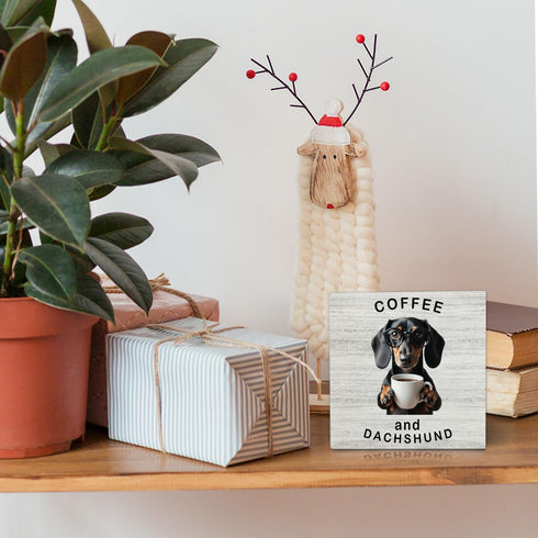 5x5 Inches,Gift Coffee Dachshund Desk Decor Wooden Signs,Funny Coffee Wooden Box Sign,Funny Office Desk Tabletop Shelf