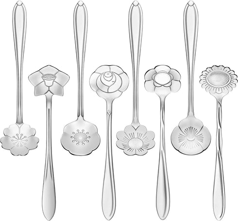 Chengu 8 Pieces Flower Coffee Tea Spoons Set, Stainless Steel Sugar Spoons, 8 Different Patterns for Tea Party (Silver)