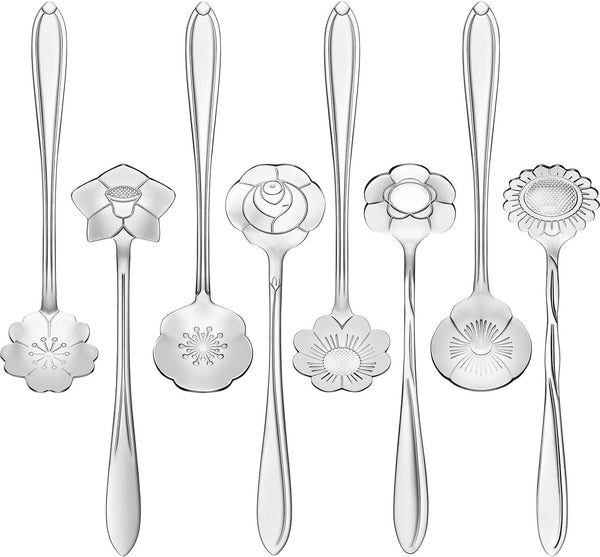 Chengu 8 Pieces Flower Coffee Tea Spoons Set, Stainless Steel Sugar Spoons, 8 Different Patterns for Tea Party (Silver)