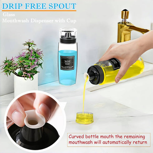Suaetiai 2 Pack 9.5 OZ Countertop/8 Glass Mouthwash Dispenser, Leakproof Mouth Wash Container Bottle with Cup Lid