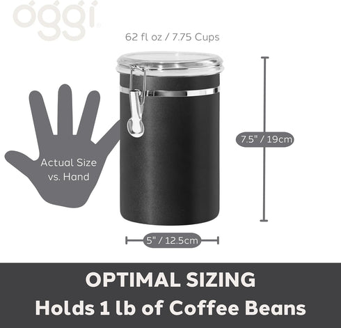 62 oz, 5" 7.5". Oggi Stainless Steel Kitchen Canister fl Black - Airtight Clamp Lid, Clear See-Thru Top - Ideal