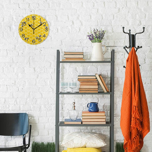 Yellow Bees and Honey Wall Clock, Battery Operated Non Ticking Silent Quartz Analog Rustic Decor