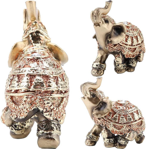 Golden Polyresin Elephant Statue, Lucky Collectible Figurine Gift Home Decor Feng Shui Ornament (Small)