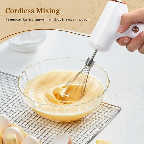 Cordless Hand Mixer, Handheld Electric Whisk with 3 Speed Modes, 2 Detachable Stir Whisks (White)